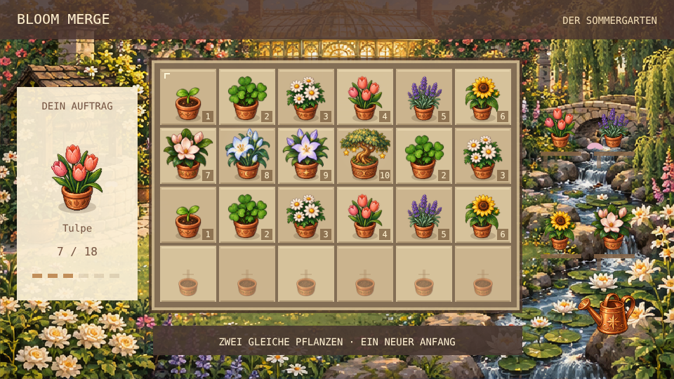 Actual Bloom Merge gameplay: a grid of colorful pixel plants in the moonlit star garden