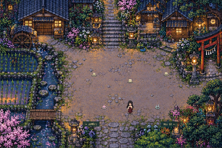 In-game pixel landscape: Kuji explores a village with cherry blossoms, water and lanterns