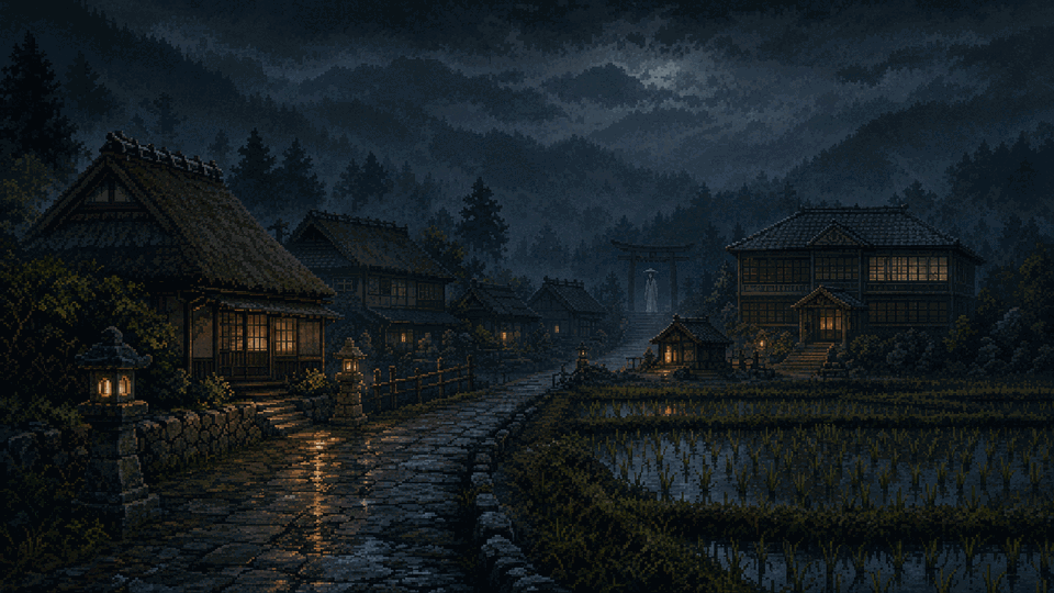 A rain-dark village street at night, lanterns glowing, a torii gate in the distance