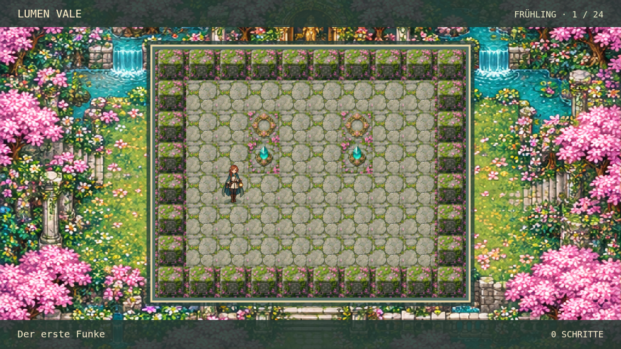 Actual Lumen Vale gameplay: Mira solving lightstone puzzles in an illustrated cherry-blossom garden