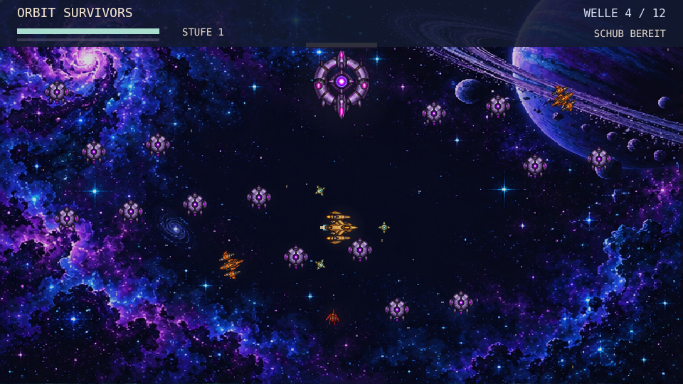 Actual Orbit Survivors gameplay: a spacecraft with orbiting satellites surrounded by enemies and a guardian