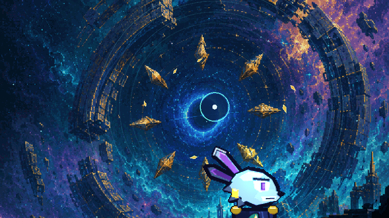 Starli Rivo standing before a frozen vortex of floating ruins